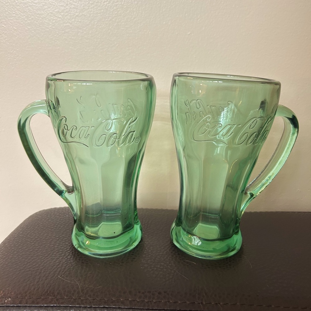 Vintage Pair of Libbey Green Coca Cola Heavy Glasses Mugs with Handles, NWT